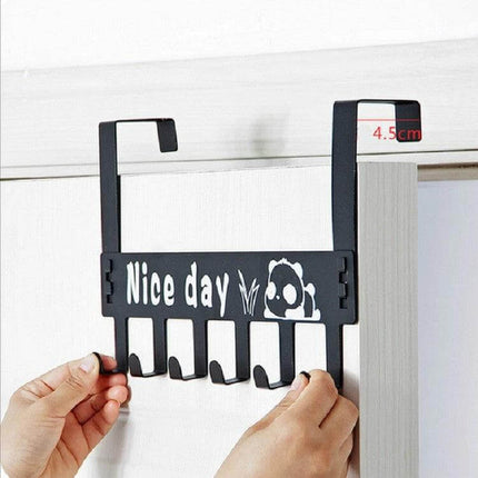 Cartoon Wall-Mounted Coat And Bags Door Hook For Home - black 6-hook over-door rack with "Nice day" design for coats bags umbrellas and keys