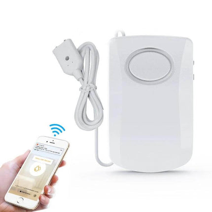 Water Leakage Alarm for Home Flood Detection and Alert Security — white 130dB sensor with cord shown next to smartphone alert