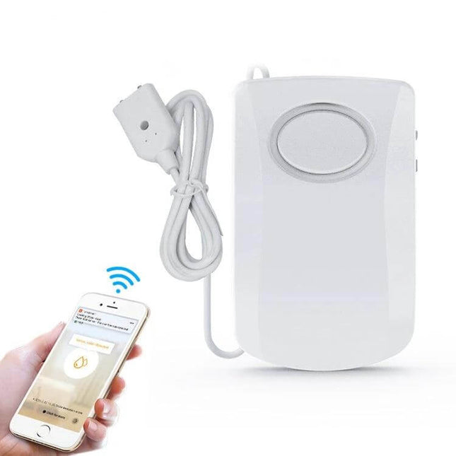 Water Leakage Alarm for Home Flood Detection and Alert Security — white 130dB sensor with cord shown next to smartphone alert