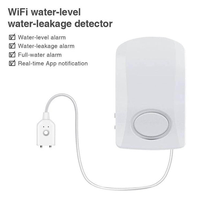 Water Leakage Alarm for Home Flood Detection and Alert Security - white WiFi water-level detector with sensor probe, 130dB alarm for kitchen and laundry protection