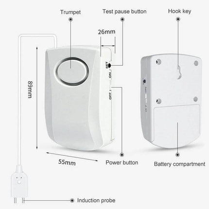 Water Leakage Alarm for Home Flood Detection and Alert Security - compact 130dB detector with induction probe, test/power buttons, battery compartment, hook key