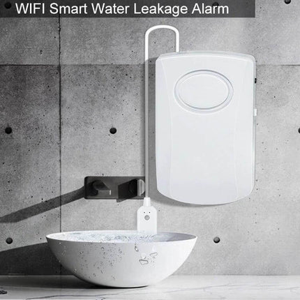 Water Leakage Alarm for Home Flood Detection and Alert Security mounted on wall with sensor near sink, 130dB alarm for home flood warning