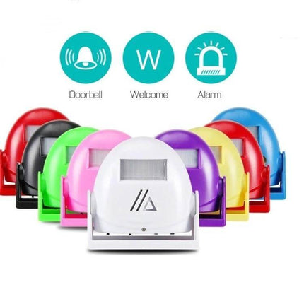 Wireless Doorbell with Infrared Motion Sensor and Voice Alerts showing multicolor wireless chimes for doorbell, welcome and alarm use