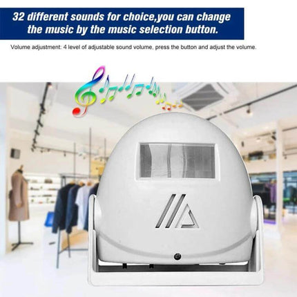 Wireless Doorbell with Infrared Motion Sensor and Voice Alerts mounted in a retail entryway showing 32 sound options and adjustable volume