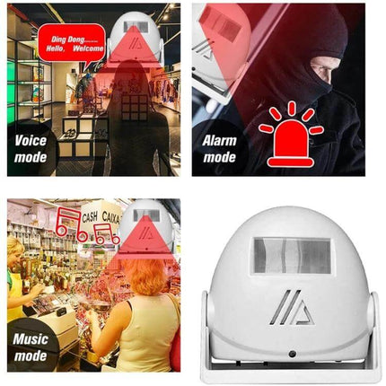 Wireless Doorbell with Infrared Motion Sensor and Voice Alerts mounted at store entrance showing voice, alarm, and music modes for security and visitor alerts