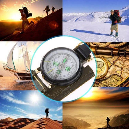 Portable Folding Army Green Lens Compass For Camping And Hiking - compact foldable navigation compass shown with hiking, sailing and outdoor scenes