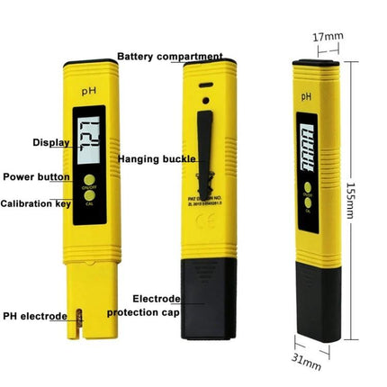 Portable pH Test Pen for Everyday Water Quality Checking shown in yellow with digital display, probe, calibration button and protective cap