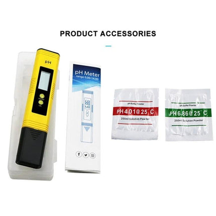 Portable pH Test Pen for Everyday Water Quality Checking showing yellow meter, instruction leaflet, and pH buffer packets