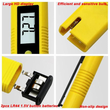 Portable pH Test Pen for Everyday Water Quality Checking with yellow casing, digital LCD, probe cap, battery compartment and non-slip grip