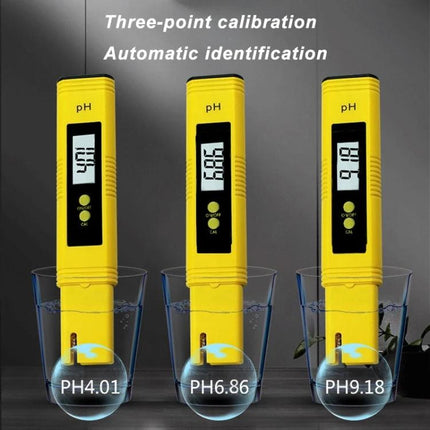 Portable pH Test Pen for Everyday Water Quality Checking - three yellow pens showing PH4.01 PH6.86 PH9.18 readings in glasses