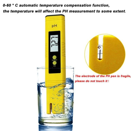 Portable pH Test Pen for Everyday Water Quality Checking - yellow pen measuring drinking water pH in a glass with digital display