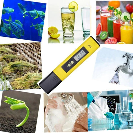 Portable pH Test Pen for Everyday Water Quality Checking - yellow digital pH pen with examples: aquarium, drinking water, juices, faucet, seedlings, shower, lab