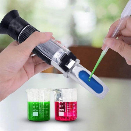 Hand-Held Alcohol Refractometer for Everyday Alcohol Measurement showing drops applied to prism for quick home-brewing alcohol testing