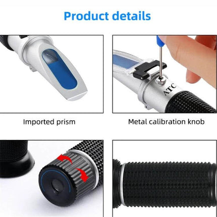 Hand-Held Alcohol Refractometer for Everyday Alcohol Measurement showing prism, metal calibration knob, focus dial and textured grip