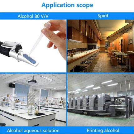 Hand-Held Alcohol Refractometer for Everyday Alcohol Measurement showing sample drop, bar, lab and printing alcohol applications