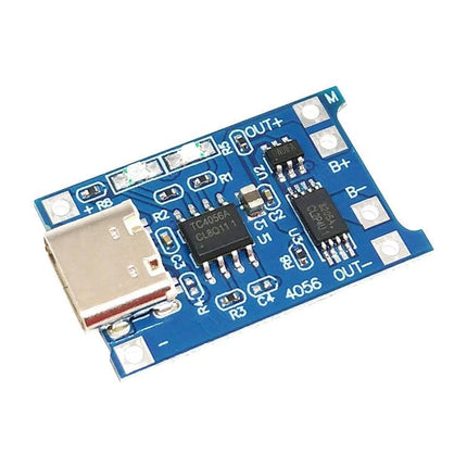 Compact USB-C Lithium Battery Charging Module for Devices - small blue PCB with USB-C connector, charging ICs and B+/B- pads for DIY power bank integration