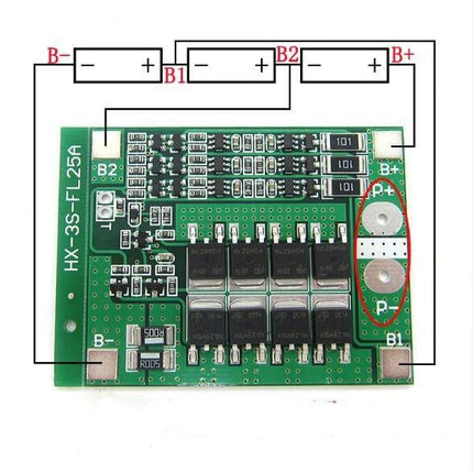Lithium Battery Protection Board for 3S 12V Systems with Safety Features - 3S 12V battery B-, B1, B2, B+ terminal layout on PCB