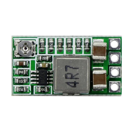 Compact DC-DC Step-Down Voltage Converter for Automotive Use – small green PCB regulator module with adjustable potentiometer, inductor marked 4R7 and three output pads