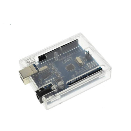Versatile Development Board for DIY Electronics Projects - UNO style board in clear protective case showing USB and headers