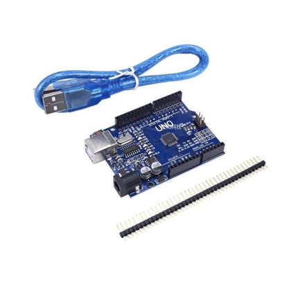 Versatile Development Board for DIY Electronics Projects blue UNO-style board with USB cable and header pins