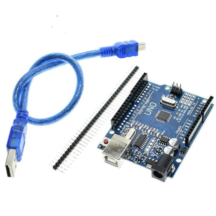 Versatile Development Board for DIY Electronics Projects showing UNO-style board with USB cable and header pins