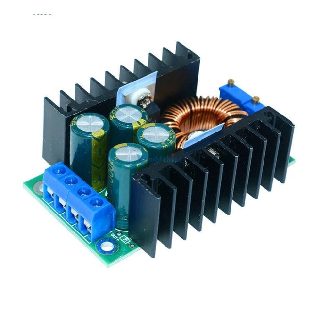 Versatile Adjustable Voltage Regulator for Solar Panels and LED Lighting compact PCB module with heatsinks, inductors, and capacitors for stable power control