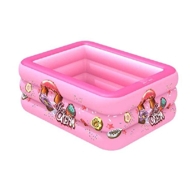 Kids Inflatable Ice Cream Pattern Square Pool 130x85x50cm pink square kiddie pool with ice cream print, thick PVC, non-slip base, durable and leak resistant