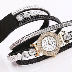 Elegant Quartz Watch with Diamond-Studded Leather Bracelet