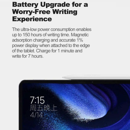 Xiaomi Stylus Pen 2 for Drawing and Writing on Mi Pad Tablets shown magnetically attached to tablet edge highlighting long battery life and quick charge