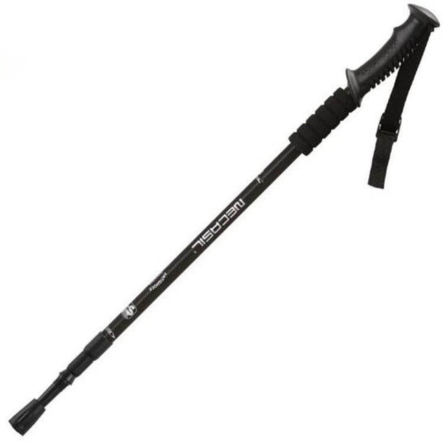 Necasil Three Section Aluminum Trekking Pole Black with plastic handle, foam grip, adjustable shaft and carbon steel tip for hiking
