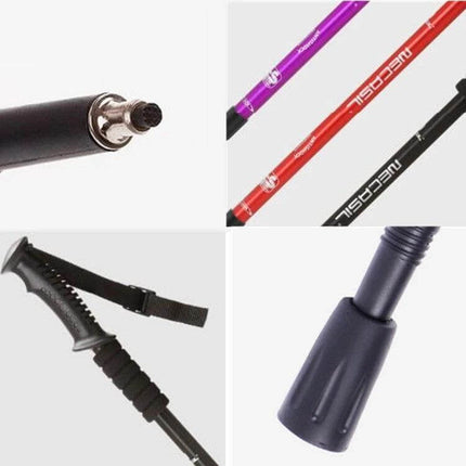 Necasil Three Section Aluminum Trekking Pole Black shown in sections with plastic handle, adjustable strap, aluminum shaft and carbon steel tip