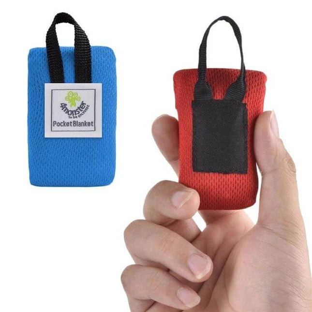 Pocket Picnic Mat 70x110cm Ultra Thin Folding Waterproof compact folded blue and red pocket mat with handle shown in hand