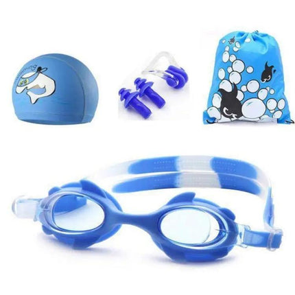 Kids 4-in-1 Swim Set Silicone Goggles Printed Cap Earplugs | Syndmart