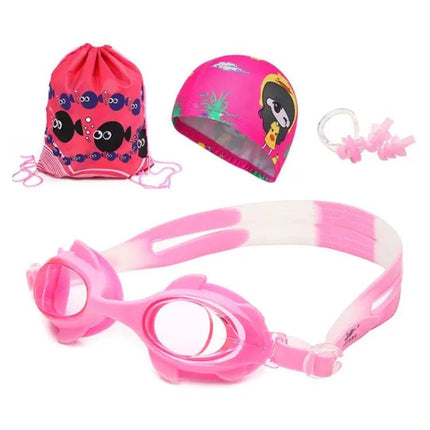 Kids 4-in-1 Swim Set Silicone Goggles Printed Cap Earplugs | Syndmart
