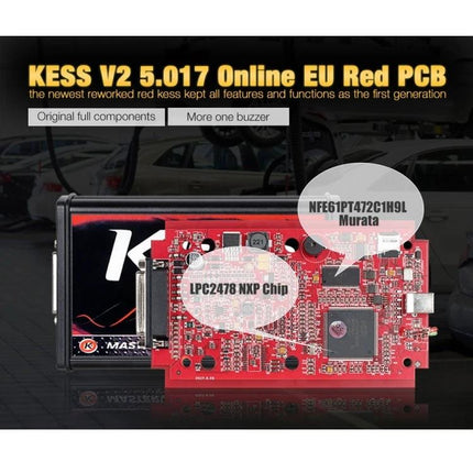 Handy Device for Routine Vehicle Maintenance and Care showing red KESS V2 5.017 OBD2 diagnostic PCB with LPC2478 NXP chip