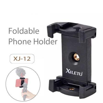 Xiletu Adjustable Phone Clamp for Hands-Free Video Recording on Tripods — foldable XJ-12 phone holder, 57-104mm adjustable clamp for tripods and vlogs