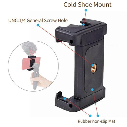 Xiletu Adjustable Phone Clamp for Hands-Free Video Recording on Tripods showing cold shoe, 1/4 screw hole and rubber non-slip mat, adjustable 57-104mm