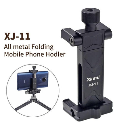 Xiletu Adjustable Phone Clamp for Hands-Free Video Recording on Tripods showing XJ-11 all-metal folding mobile phone holder, tripod-mounted phone
