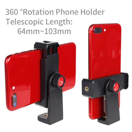 Xiletu Adjustable Phone Clamp for Hands-Free Video Recording on Tripods showing black adjustable mount holding red smartphone, 57-104mm range