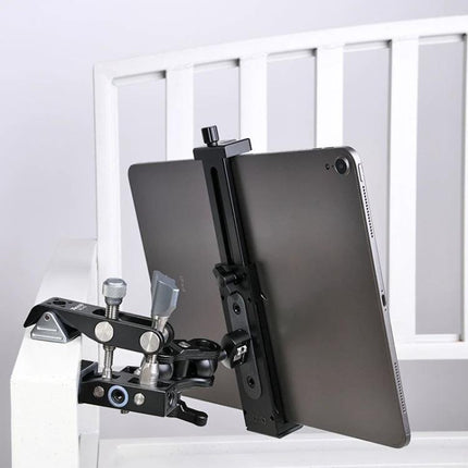 Xiletu Xj15 Desktop Tripod Mount for Tablets and Phones holding a tablet on a desktop clamp with aluminum alloy and rubber protection