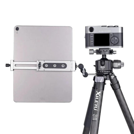 Xiletu Xj15 Desktop Tripod Mount for Tablets and Phones holding tablet and camera on aluminum alloy mount