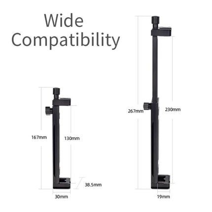 Xiletu Xj15 Desktop Tripod Mount for Tablets and Phones showing adjustable heights and dimensions for wide compatibility