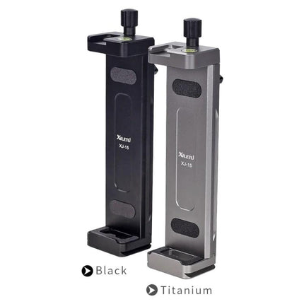 Xiletu Xj15 Desktop Tripod Mount for Tablets and Phones in black and titanium aluminum alloy with rubber pads, adjustable clamp for phones and tablets
