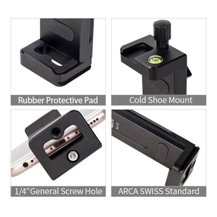 Xiletu Xj15 Desktop Tripod Mount for Tablets and Phones showing rubber pad, cold shoe, 1/4" screw hole and ARCA SWISS base