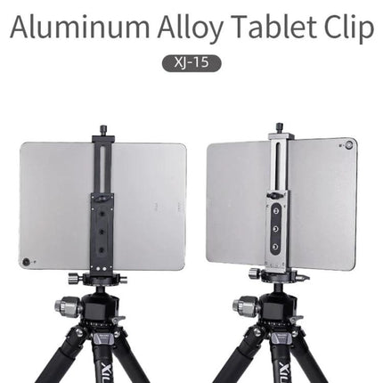Xiletu Xj15 Desktop Tripod Mount for Tablets and Phones showing aluminum alloy tablet clip holding tablets on a desktop tripod