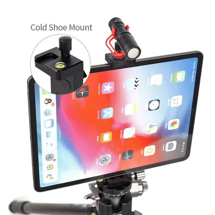Xiletu Xj15 Desktop Tripod Mount for Tablets and Phones holding a tablet on tripod with cold shoe accessory and charging access