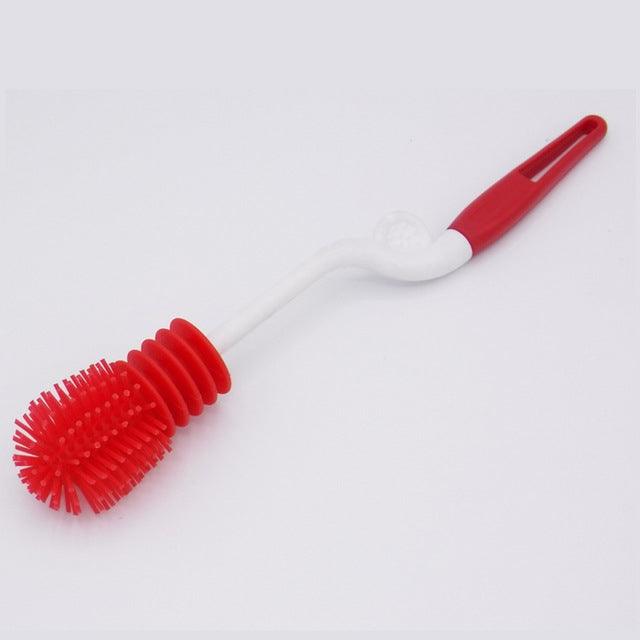 Rotary Long Handle Baby Bottle Scrubbing Brush with Silicone Grip Red