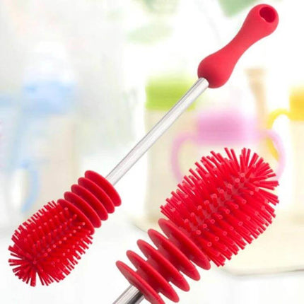 Baby Bottle Brush With Long Handle For Easy Cleaning red silicone head with stainless steel core and high-density bristles