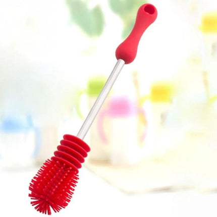 Baby Bottle Brush With Long Handle For Easy Cleaning - red silicone head, stainless steel core, high-density bristles for thorough bottle and cup cleaning