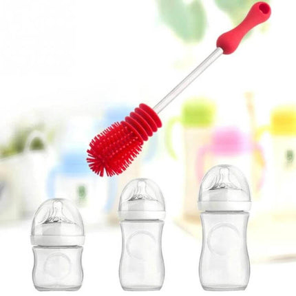 Baby Bottle Brush With Long Handle For Easy Cleaning - red silica gel head, stainless steel core and high-density bristles for bottles and cups